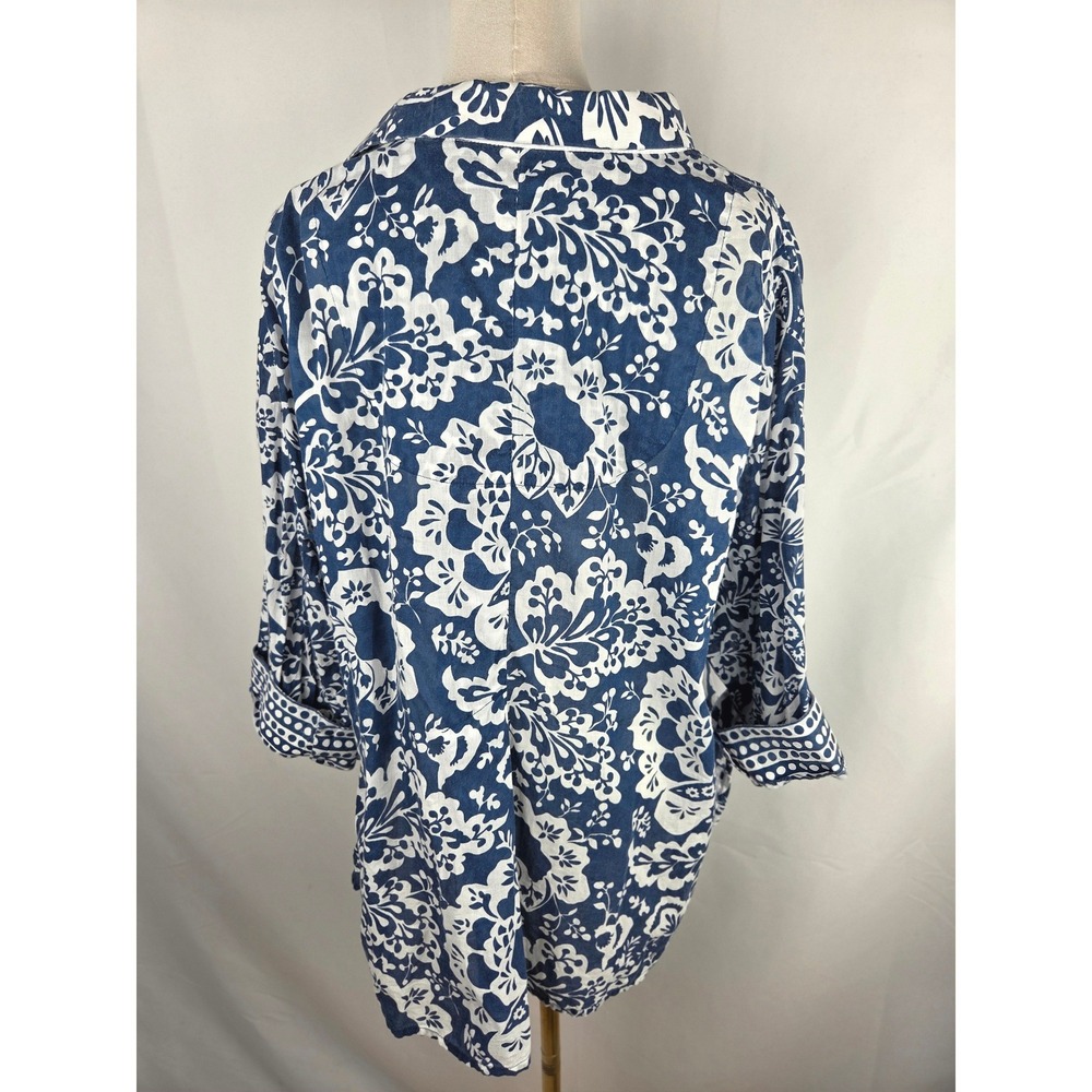 Gretchen Scott Button Down Shirt XL Blue White Floral Cotton Contrast Cuffs - Picture 7 of 11
